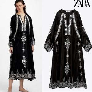 Zara Embroidered Midi Dress NWT